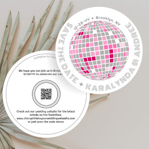 Retro Disco Ball Roze en Grijs Rond Huwelijk Save The Date