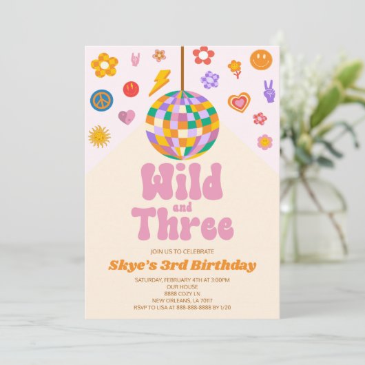 Retro Disco Ball Wild en Drie 3e Verjaardagsfeest Kaart (Staand voorkant)