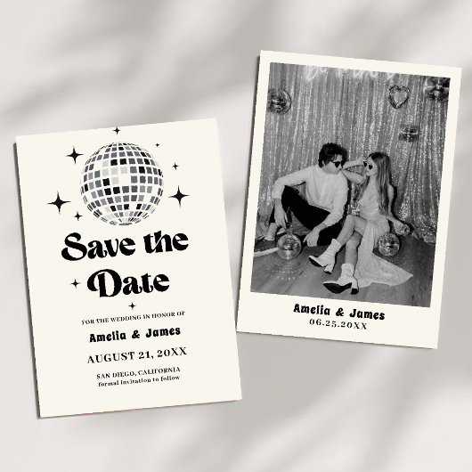 Retro Disco Ball Zwart Wit Save the Date Wedding Kaart