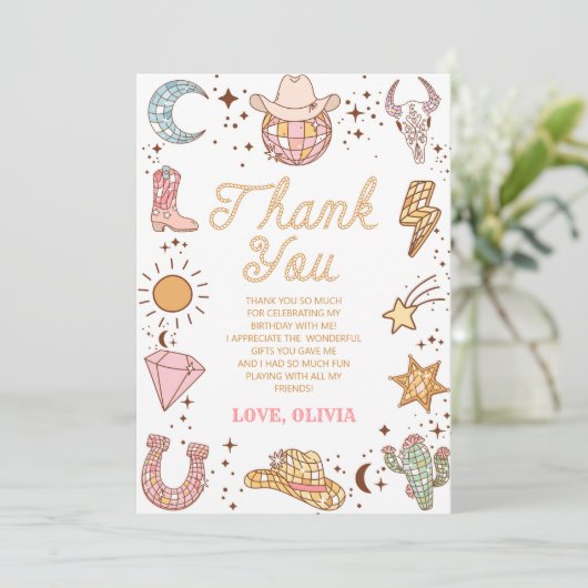 Retro Disco Cowgirl Rodeo Verjaardagsfeestje Bedankkaart (Staand voorkant)