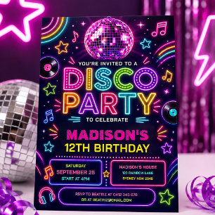 Retro Disco Feest Neon Gloed Verjaardag Kaart