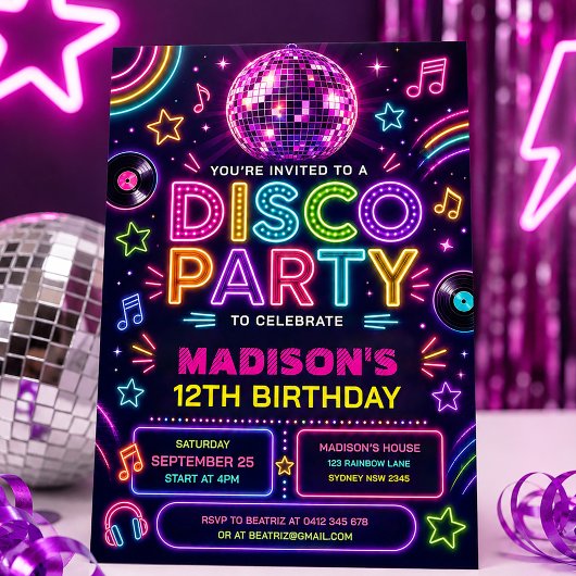 Retro Disco Feest Neon Gloed Verjaardag Kaart