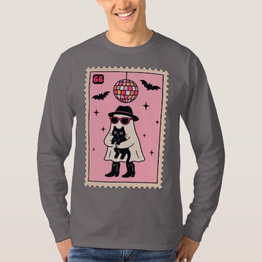 Retro Disco Ghost met Black Cat Halloween Stamp T-shirt (Voorkant)