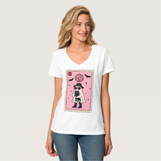 Retro Disco Ghost met Black Cat Halloween Stamp T-shirt