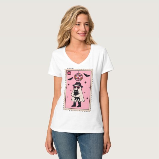 Retro Disco Ghost met Black Cat Halloween Stamp T-shirt (Voorkant volledig)