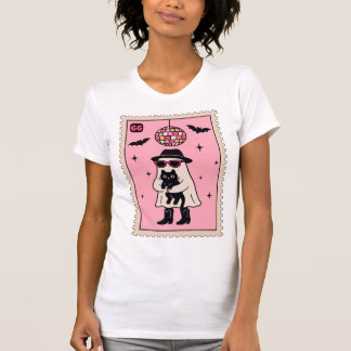 Retro Disco Ghost met Black Cat Halloween Stamp T-shirt