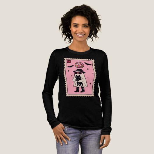 Retro Disco Ghost met Black Cat Halloween Stamp Tri-Blend Shirt (Voorkant)