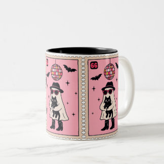 Retro Disco Ghost met Black Cat Halloween Stamp Tweekleurige Koffiemok