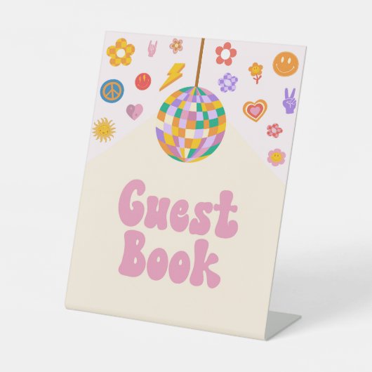Retro Disco Groovy Guest Book Table Party Reclamebord Met Voetstuk (Voorkant)