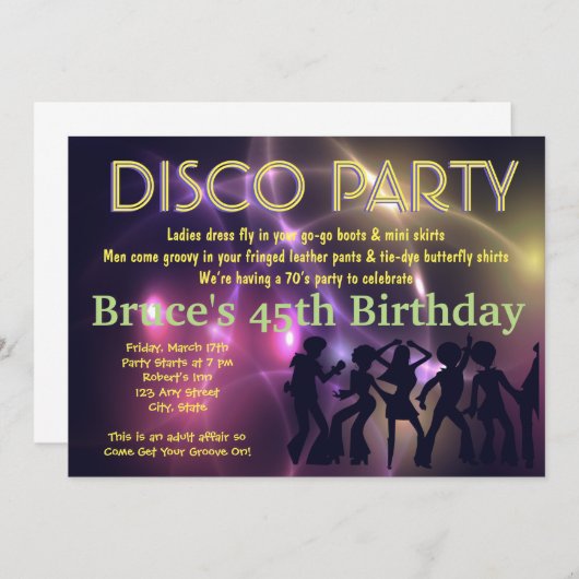 Retro Disco Party Theme Invitation Kaart (Voorkant / Achterkant)