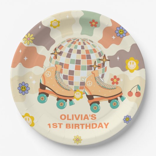 Retro Disco Roller Schaats 1e Verjaardag Papieren Bordje (Voorkant)