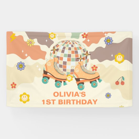 Retro Disco Roller Schaats 1e Verjaardag Spandoek (Horizontaal)