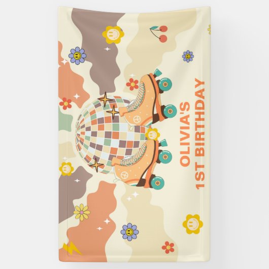 Retro Disco Roller Schaats 1e Verjaardag Spandoek (Verticaal)