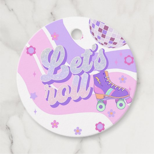 Retro Disco Roller Schaats Let's Roll 1st Verjaard Bedankjes Labels (Voorkant)