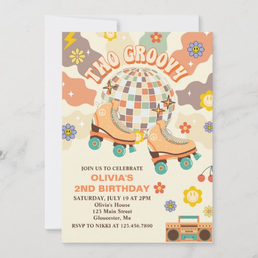 Retro Disco Roller Schaats Twee Groovy 2e Verjaard Kaart (Voorkant)