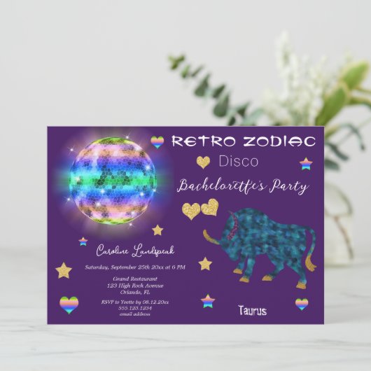 Retro Disco Taurus Zodiac Sign Bachelorette Kaart (Staand voorkant)