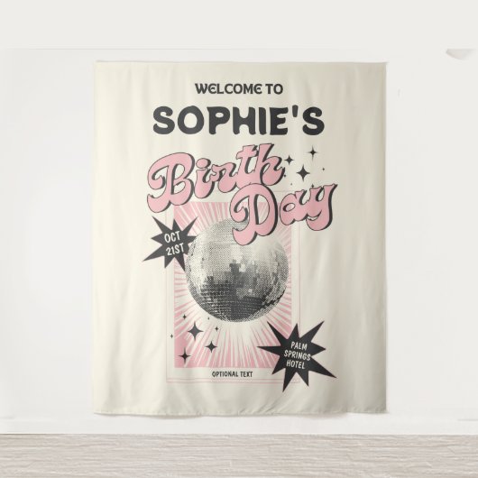 Retro Disco Verjaardag Achtergrond Wandkleed (Voorkant)