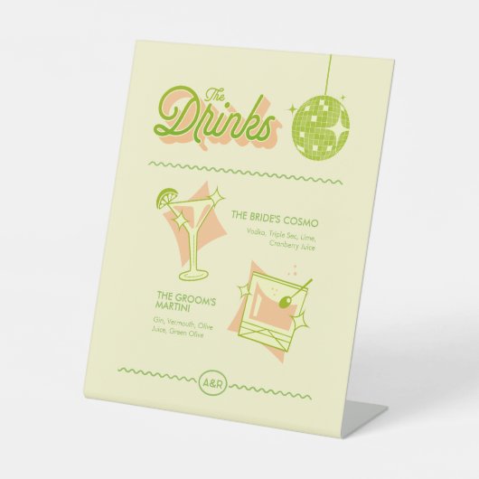 Retro Disco Wedding Bar Menu Reclamebord Met Voetstuk (Voorkant)