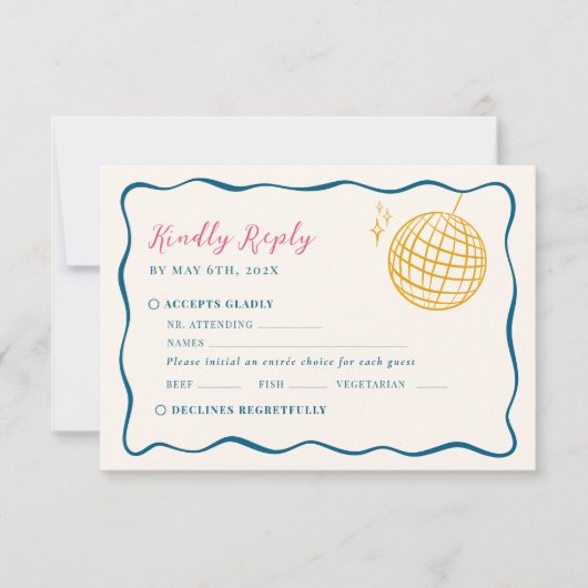 Retro Disco Wedding RSVP Kaartje (Voorkant)