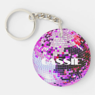 Retro discobal glans glitter roze verjaardag sleutelhanger
