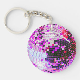 Retro discobal glans glitter roze verjaardag sleutelhanger