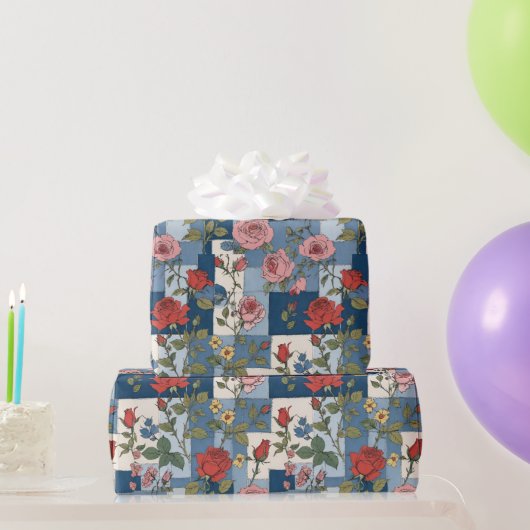 Retro Distressed Denim Patchwork en Rozen Bloemen Cadeaupapier (Feestgeschenken)