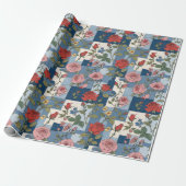 Retro Distressed Denim Patchwork en Rozen Bloemen Cadeaupapier (Uitgerold)
