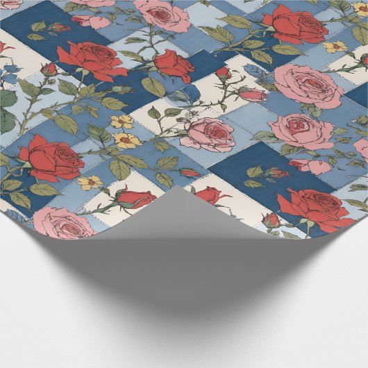 Retro Distressed Denim Patchwork en Rozen Bloemen Cadeaupapier (Hoek)