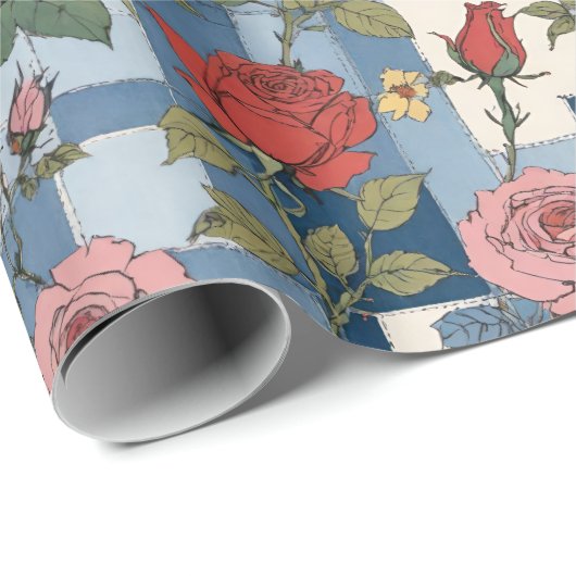 Retro Distressed Denim Patchwork en Rozen Bloemen Cadeaupapier (Rol Hoek)