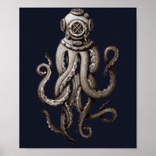  Retro Diving Suit Octopus Grafisch Ontwerp Poster