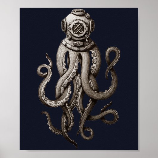 Retro Diving Suit Octopus Grafisch Ontwerp Poster (Voorkant)