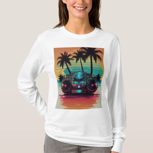 Retro DJ Boombox Beach T-shirt 🎶🌴 | zonsondergan (Voorkant)