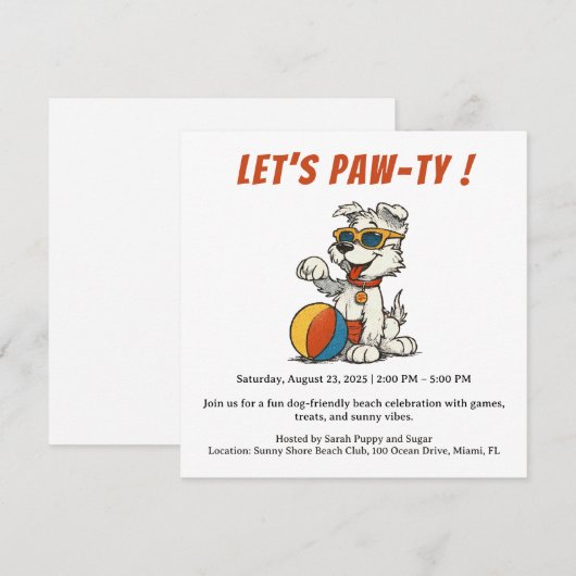 Retro Dog Beach Party Invitation –  Cartoon Save The Date (Voorkant / Achterkant)