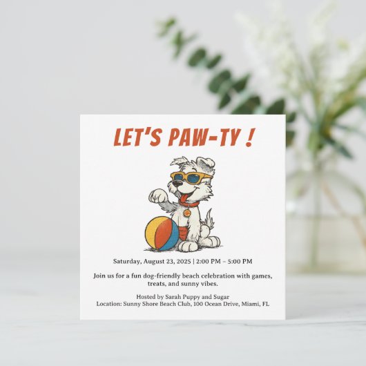Retro Dog Beach Party Invitation –  Cartoon Save The Date (Staand voorkant)