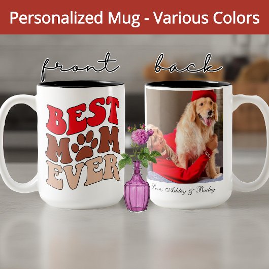 Retro Dog Mom Mok, aangepaste foto Moederdag cadea Tweekleurige Koffiemok
