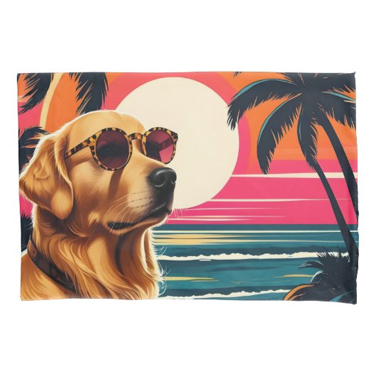 Retro Dog Sunglasses Vintage Sunset Beach  Kussensloop (Voorkant)