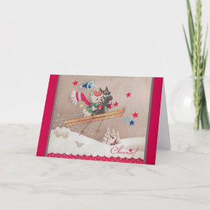 Retro Dogs Skiing Kerstmis Wenskaart Feestdagen Kaart