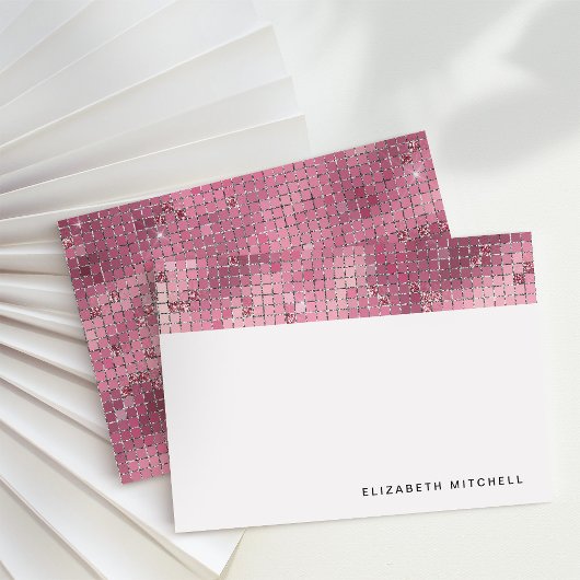 Retro Donker Roze Disco Ball Mirror | Monogram Notitiekaartje