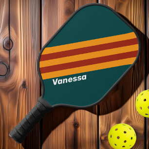 Retro donker turquoise spatstrepen met naam pickleball paddle