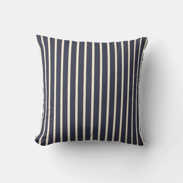 Retro Donkerblauw & Crème Ticking Stripes Frans Kussen (Voorkant)