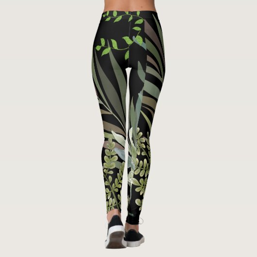 Retro Donkere Salie Bloemen Varen Botanisch Blad Leggings (Achterkant)