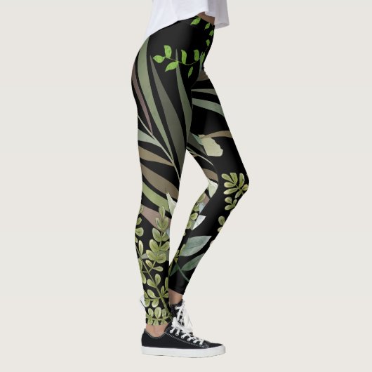 Retro Donkere Salie Bloemen Varen Botanisch Blad Leggings (Rechts)