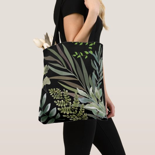 Retro Donkere Salie Bloemen Varen Botanisch Blad Tote Bag (Dichtbij)