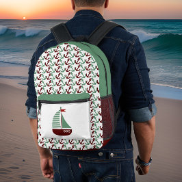 Retro Donkerrood en Salie Zeilboot Ankers Monogram Bedrukte Rugzak