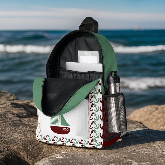 Retro Donkerrood en Salie Zeilboot Ankers Monogram Bedrukte Rugzak