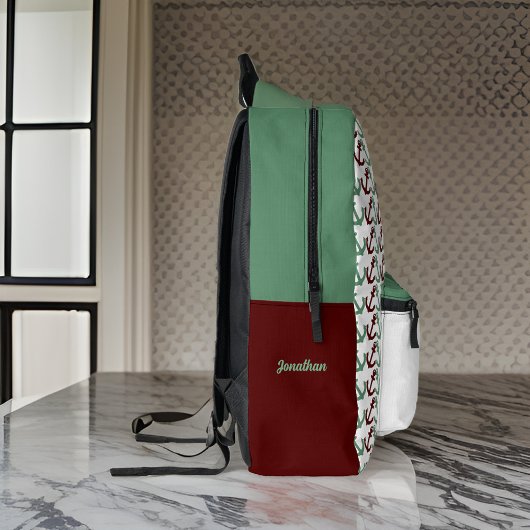 Retro Donkerrood en Salie Zeilboot Ankers Monogram Bedrukte Rugzak