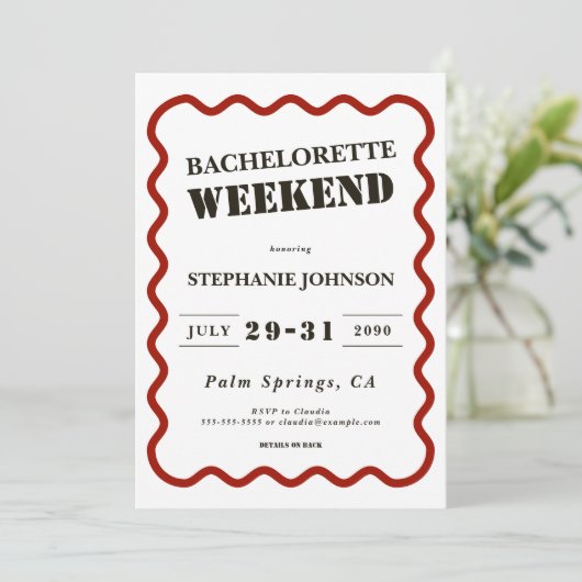 Retro Donkerrood Wavy Border Bachelorette Weekend Kaart (Staand voorkant)