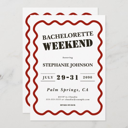 Retro Donkerrood Wavy Border Bachelorette Weekend Kaart (Voorkant / Achterkant)
