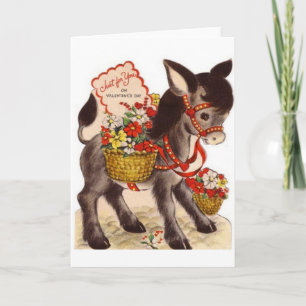 Retro Donkey met Flowers Valentijnsdag Card Feestdagen Kaart