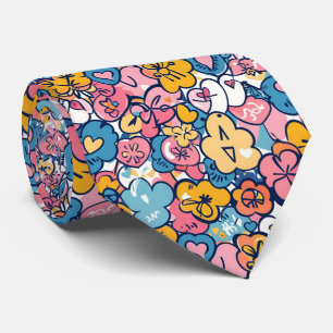 Retro Doodle Harten Bloemen Blauw Roze Patroon Stropdas
